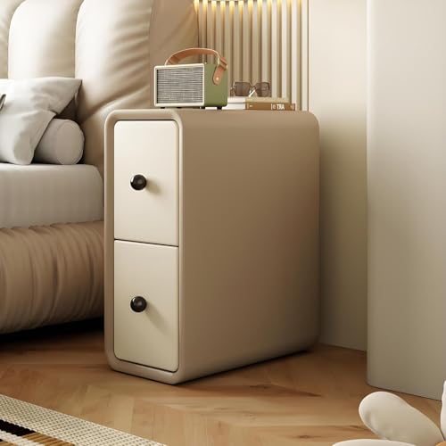 Moderner schlanker Nachttisch mit 2 Schubladen, Beistelltisch aus Massivholz & Kunstleder, schickes Schlafzimmeraufbewahrung in Khaki, stilvolles Design für moderne Innenräume