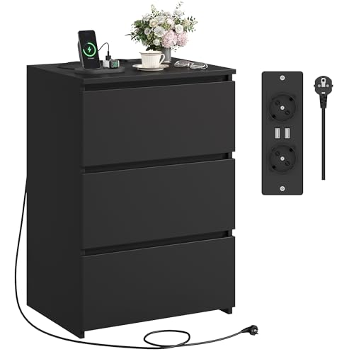 FirFurd Nachttisch mit Steckdose Beistelltisch Nachtschrank Kommode mit 3 Schubladen & 2 AC-Steckdosen & 2 USB-Anschlüsse Schubladenschrank für Schlafzimmer Wohnzimmer Büro 45 x 38 x 66 cm schwarz
