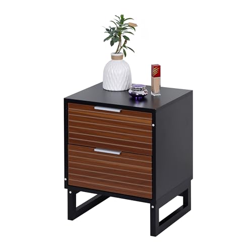 Relaxdays Nachttisch mit 2 Schubladen, HBT 50x40x33 cm, Holzoptik, Bambusbeine, Nachtschrank Schlafzimmer, braun/schwarz