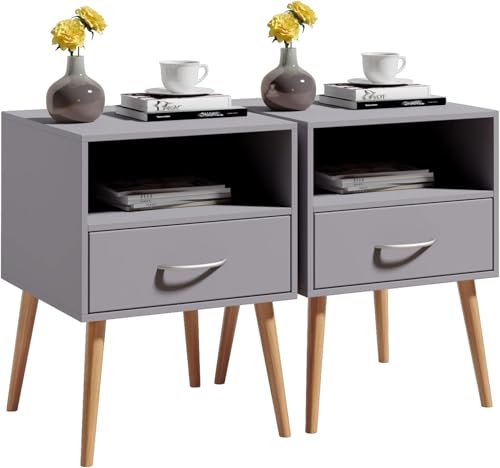 AxisFurn Nachttisch, Nachtschrank mit Schublade und offenem Fach, Holzbeine Nachtkommode, Beistelltisch Sofatisch für Wohnzimmer, Schlafzimmer (2, Grau)