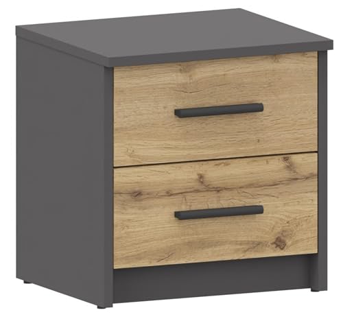 MATKAM Nachttisch 2S in klassischer Optik | H/B/T 41 x 40 x 35 cm, mit Zwei Schubladen | In verschiedenen Ausführungen erhältlich (Anthrazit Grau-Wotan Eiche)