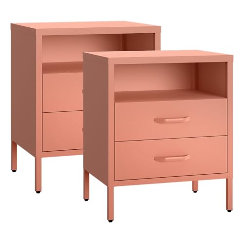 skølm Nachttisch Mizar aus Metall, Nachtschrank mit 2 Schubladen, Beistellschrank für Schlafzimmer, Wohnzimmer, Nachtkommode terrakotta 60x50x38 cm (HxBxT), 2er-Set