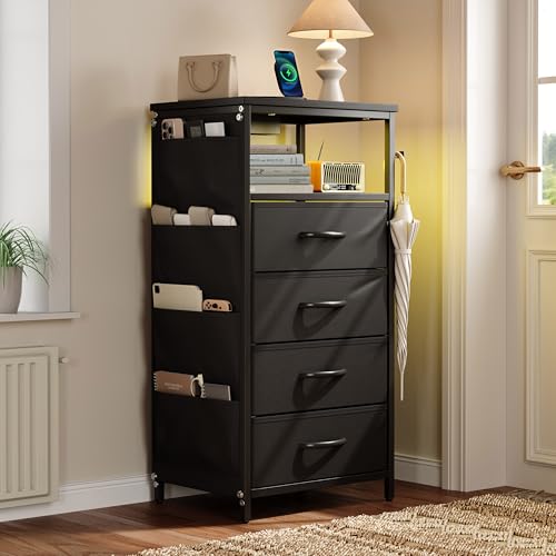 Xnferty Nachttisch mit 4 Schubladen und offenem Regal, Beistelltisch mit Ladestation und LED-Beleuchtung, Nachttisch mit Seitentaschen und Haken (Schwarz, 80 x 40 x 30 cm)