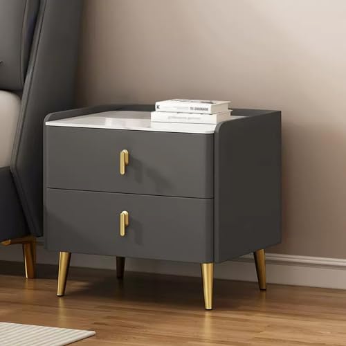 Nachttisch aus Massivholz mit Schiefer-Arbeitsplatten, eleganter Nachttisch mit Stauraum für Schlafzimmer und Wohnzimmer, Leder-Finish