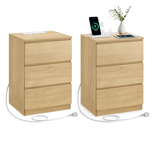 VASAGLE Kailyn Collection - Nachttisch mit Steckdosenleiste, 2er Set, Beistelltisch, 3 Schubladen, 2 AC-Steckdosen, 2 USB-A-Anschlüsse, modern, strohgelb LET831Y70