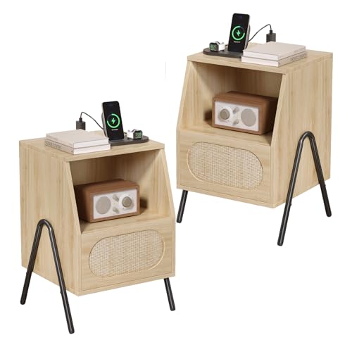 LEADZM Rattan Nachttisch 2er Set mit Ladestation, Nachttische Endtisch/Beistelltisch, Rattan Nachttisch für Schlafzimmer (2, Eiche)
