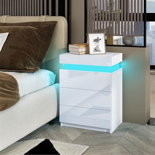 Komtopod Nachttisch Weiß, Nachtschrank mit Led, Nachtkommode mit 3 Schubladen, Hochglanz für Wohnzimmer, Schlafzimmer, 45x35x67cm
