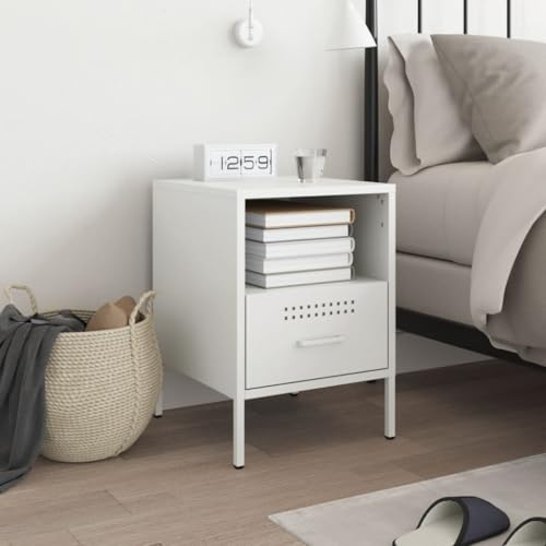 vidaXL Nachttisch, Nachtschrank mit Stauraum, Nachtkommode Verstellbare Schraubfüße, Schlafzimmer Nachtkonsole, Industrie-Stil, Weiß Kaltgewalzter Stahl