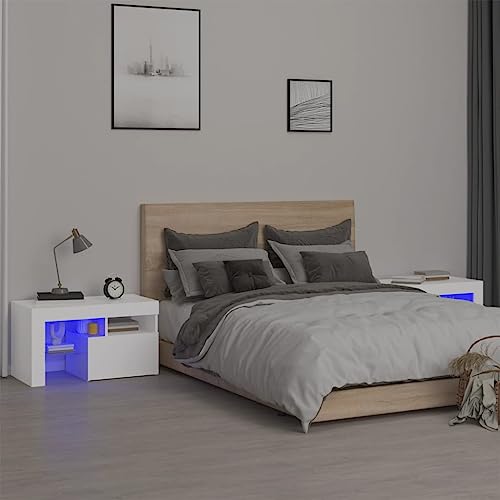 PIXZSSI Schlafzimmer 2er Set Nachttisch mit Mehrfarbige LED-Leuchten 70x36,5x40 cm Beistelltisch Modernen Nachtschrank Weiß Sofatisch Reichlich Stauraum Zeitschriften Bücher Holzwerkstoff