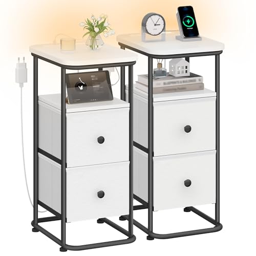 Hzuaneri Nachttisch 2er Set, Schmal Beistelltisch mit LED-Beleuchtung, 1 USB-A-Anschluss, 1 USB-C-Anschluss, Nachttische mit 2 Schubladen, Modern, für Schlafzimmer, Wohnzimmer, Weiß-Schwarz NS12213B