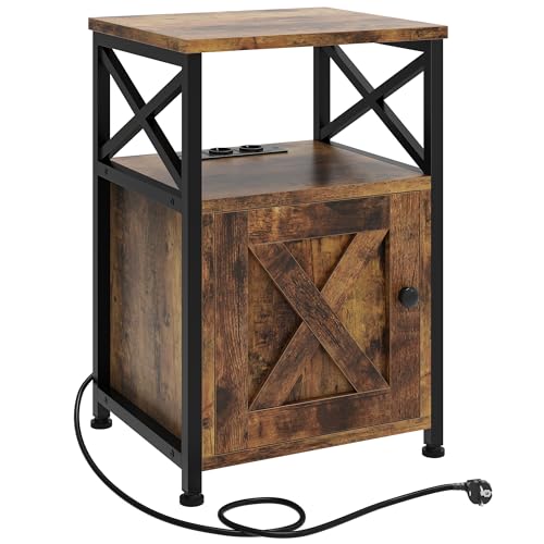 YITAHOME Beistelltisch, Nachttisch mit Kabinett, X-förmiger Couchtisch mit Ladestation, 2 USB-Anschlüssen und Steckdosen, Nachtkommode für Wohnzimmer, Schlafzimmer, Metallrahmen, Vintage-Braun
