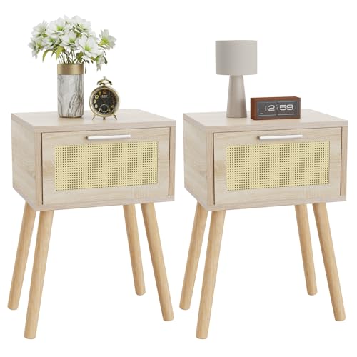 YMYNY Rattan Nachttisch 2er Set, Beistelltisch, Boho-Nachtschrank mit Magnetschublade, Massivholz Beinen, 35x27x53 cm, Sofatisch, Couchtisch für Wohnzimmer, Büro, Schlafzimmer, Naturfarben HST010N-2