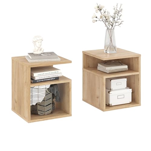 KOMTO Nachttisch 2er Set Honig Eiche – Nachtschrank, Beistelltisch mit 2 offene Fächer, Nachtischschränke für Schlafzimmer, Wohnzimmer | Bedside Table KABA 35 x 35 x 41,5 cm