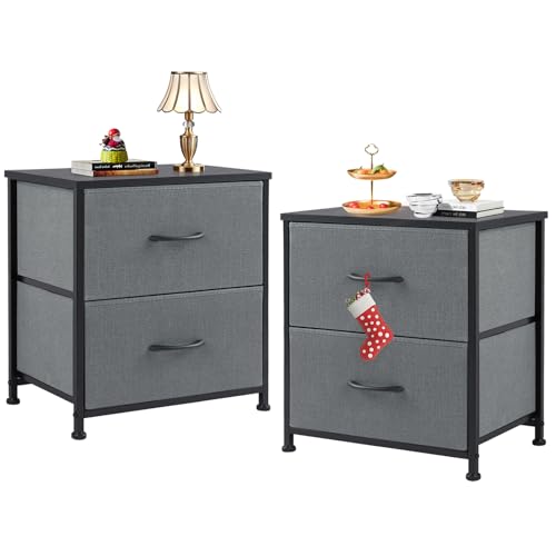 Sweetcrispy Nachttisch 2er Set, Nachttisch Beistelltisch, Stoff Schubladenschrank, Schmal Schrank, Kommode Schlafzimmer, Industrial Stil für Wohnzimmer, Kinderzimmer, Flur Aufbewahrungsschrank, Grau
