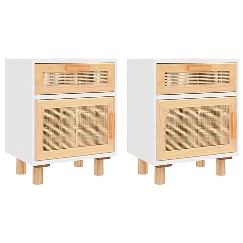 Tidyard 2 STK. Nachttisch mit Schublade und 1 Fach Nachtschrank Nachtkonsole Nachtkommode Schlafzimmer Schrank Kommode Massivholz Kiefer und Natur-Rattan Weiß