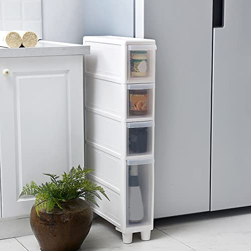 Schmaler, freistehender Badezimmerschrank mit 4 transparenten Schubladen und Rollen, vertikale Aufbewahrungseinheit für enge Räume, Montage frei, 14 cm/22 cm Breite