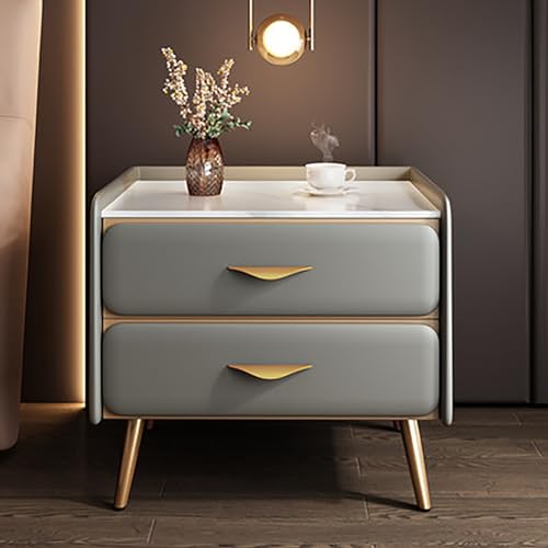 Luxuriöser grauer Nachttisch, moderner minimalistischer Nachttisch mit 2 Schubladen, Kunstleder-Finish und Kunstmarmorplatte, stilvoller Aufbewahrungsschrank für Schlafzimmer und Wohnzimmer (50 x 40 x