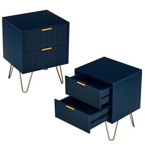 Aneutr Nachttisch, Dunkelblau, 2 Stück, Beistelltisch mit 2 Schubladen, Nachttische mit Füßen und Griffen aus Metall, moderner Stil für Schlafzimmer, Wohnzimmer, Büro
