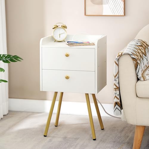 HOOBRO Nachttisch mit Ladestation, moderner Beistelltisch mit 2 Schubladen und offenem Regal, Sofa-Beistelltisch, Metallbeine, für Schlafzimmer, Wohnzimmer, Weiß und Gold EDW89CBZ01N1
