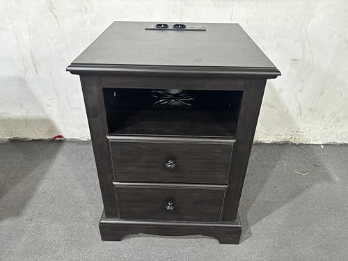 AetherWood Nachttisch mit Ladestation, 18-Zoll-Vintage-Beistellt isch mit 2 Schubladen für Wohnzimmer, rustikaler Sofa-Beistelltisch aus Holz mit offenem Ablagefach für Schlafzimmer, Espresso