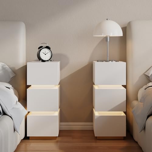 Homary Nachttisch 2er Set mit kabelloser Ladestation, LED Smart Beistelltisch Schmal mit Schubladen & USB-Anschlüssen, Modernes Nachtschrank mit LED-Beleuchtung für Schlafzimmer, Weiß