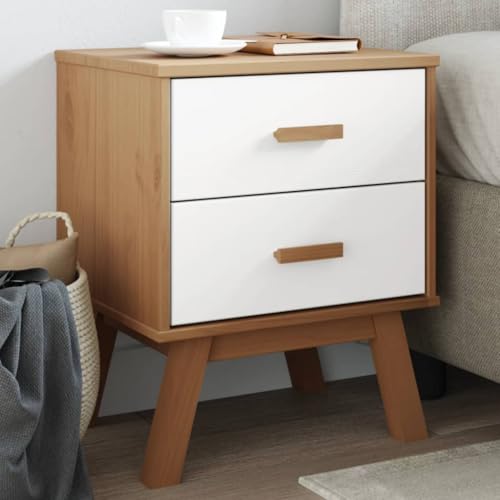 Fasba Nachttisch Olden Weiß und Braun Massivholz Kiefer, Beistelltisch mit viel Stauraum, Nachtschrank, Nachtkommode, Nachtkonsole