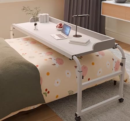 Mobiler Schreibtisch mit Rollen, höhenverstellbar und Essens-Tablett – Überbetttisch, Laptopwagen und Computertisch, rollbare Bettstange, medizinischer Tisch (Farbe: Weiß)