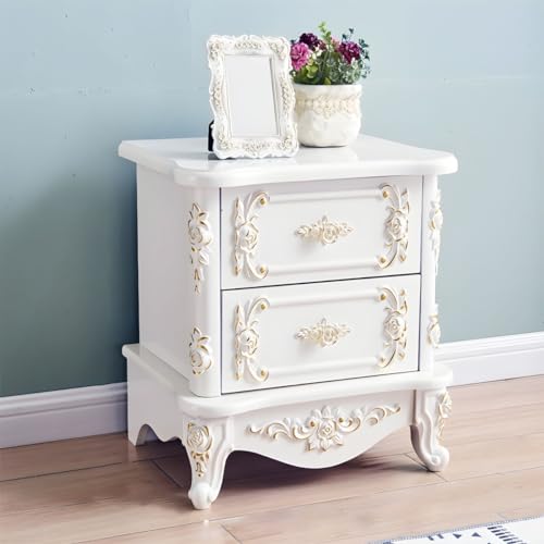 Weißer Nachttisch aus Holz für das Schlafzimmer, lackierte Nachttische, schicker französischer Landhaus-Nachttisch aus Holz, 2 Schubladen, Stauraum, Elevate Decor, Weiß-Gold, 1 Stück, 40,6 cm L x 48,