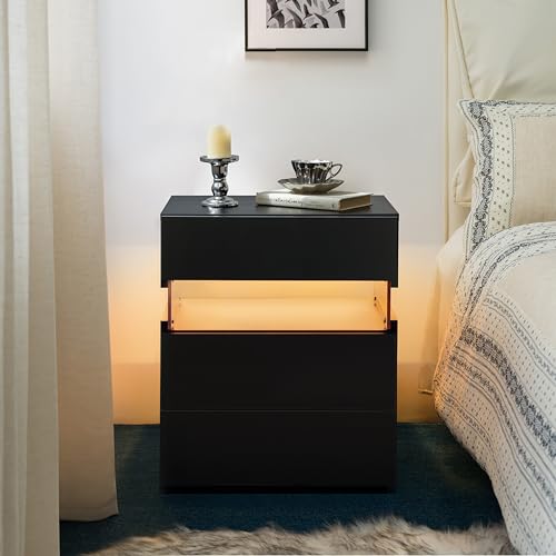 HaoChrymec LED Nachttisch mit 3 Schubladen, Beistelltisch aus Holz mit Acrylplatte, RGB LED Lichter, Modernes Möbel für Schlafzimmer und Wohnzimmer, Schwarz, 48 x 38 x 61 cm