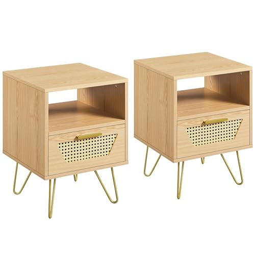 Yaheetech 2er Set Nachtttisch Rattan-Design Beistelltisch mit 1 Schublade und 1 Offenen Ablagefach Nachtschrank Metallbeine Nachtkommode Sofatisch für Schlafzimmer/Wohnzimmer, Hellbraun