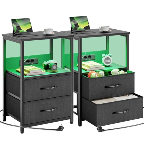 Rolanstar Beistelltisch mit LED-Beleuchtung, Nachttisch mit 2 Schubladen, USB-Anschluss & versteckter Steckdose, Sofatisch für Schlafzimmer und Wohnzimmer, Schwarz 2pcs