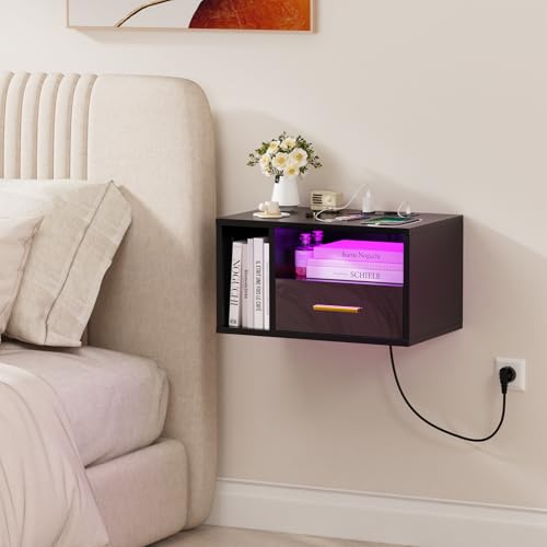HaodaCulture Nachttisch Hängend mit led, Nachtschrank Schwarz, Offenes Fach Und Einer Schublade, 46.5x30x25.5cm, 16 Farben LED Nachttisch mit Ladestation,Modern, Wohnzimmer Schlafzimmer