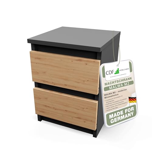 CDF Nachttisch Beistelltisch Schubladenschrank Nachtschrank mit 2 Schubladen Nachtkästchen Kleine Kommode für Schlafzimmer Wohnzimmer Kinderzimmer Flur Modern - Malwa M2 Anthrazit/Eiche Artisan