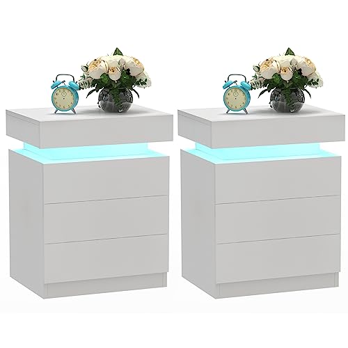 PIPIPOXER 2er Set Weiß, Nachtkommode 3 Hochglanz Kommode Nachtschrank Tisch, Weiß Beistelltisch Wohnzimmer, 45x35x61cm