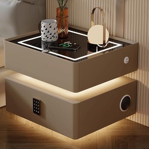 GUQASDV Smart Nachttisch mit LED Beleuchtung, kabelloses Laden und Passwortsperre, moderner schwebender Nachttisch mit Bluetooth-Lautsprechern, intelligenter Nachttisch(Khaki,40cm/15. 7in)