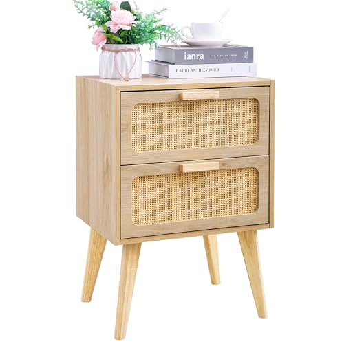 YAUKOMEL Rattan Nachttisch, Holz Beistelltisch mit 2 Hand Made Rattan dekoriert Schubladen, Boho Nachttisch, Beistelltisch Couch mit Lagerung, für Wohnzimmer, Schlafzimmer, Natur,DECTG59Y