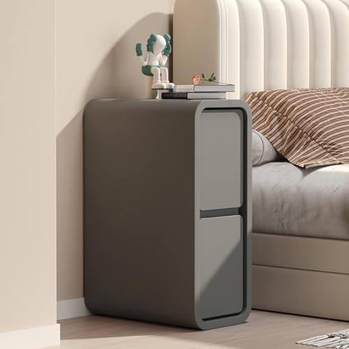 Schmaler Beistelltisch für kleine Räume – Nachttisch aus Holz mit 2 Schubladen, moderner Nachttisch aus Kunstleder für Schlafzimmer, Grau