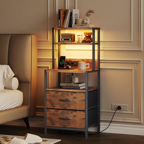CAIYUN Nachttisch, hoher Nachttisch mit 4 Ablageflächen, 2 Stoffschubladen und LED-Lichtleiste, Nachttische mit Ladestation, Beistelltisch für Schlafzimmer, Büro, Vintage Braun