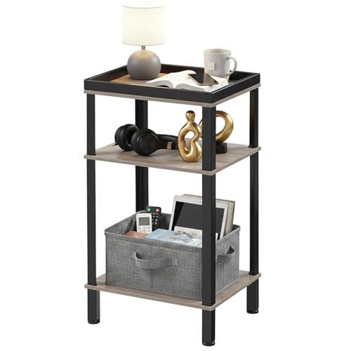 ZEXVIDA Beistelltisch Rechteckig Schmal, 3 Ebenen Nachttisch Industrial Design, Kleiner Couchtisch mit Tablett, Hoher Telefontisch für Nischen & Sofa, Holzoptik Eiche & Metall Schwarz