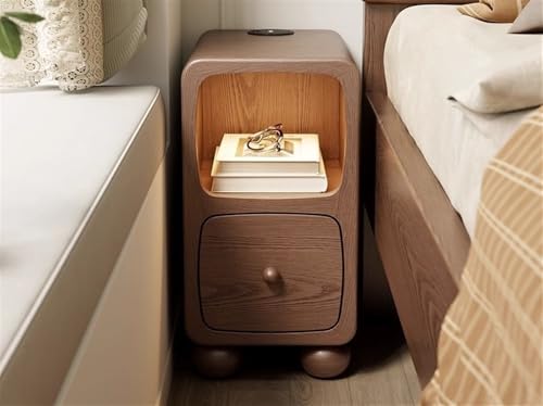 Moderner, schmaler Nachttisch aus Holz mit kugelförmigen Beinen für das Schlafzimmer, Nachttisch aus Massivholz mit Licht, Nachttisch mit kabelloser Aufladung (braun, 9,8 * 14,9 *