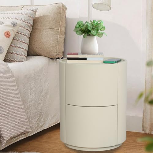 Nachttisch Leder mit 2 Schublade, Runder Nachtschrank Beistelltisch Holz, Modern Nachttische Bedside Table, Nachtkästchen Nachtkommode für Wohnzimmer Schlafzimmer, 40x40x50 cm, Beige