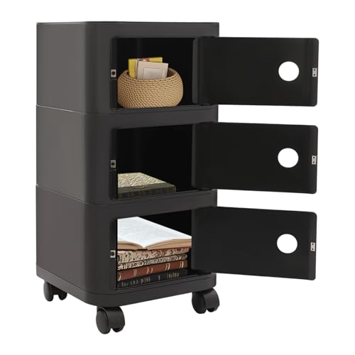 TTISJHK Nachttisch mit Rollen 3-stufig, Moderner Beistelltisch mit Türen & Stauraum, Schmaler Nachtkommode aus ABS, 60kg Tragkraft, für Schlafzimmer, Wohnzimmer & Büro, 32x32x63cm (Schwarz)