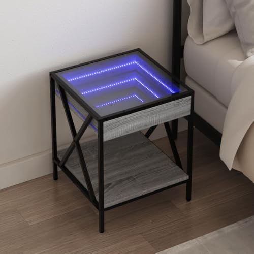 Teenpull Nachttisch mit Infinity-LED Grau Sonoma, 40x40x49 cm, Holzwerkstoff Glas Stahl, für Schlafzimmer Wohnzimmer