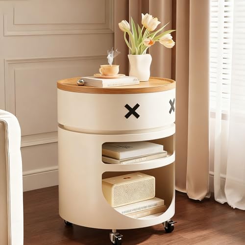 SIONDSTS Kleiner runder Beistelltisch, 4-stöckig, moderner Nachttisch mit Stauraum, tragbarer Akzent-Couchtisch mit Rollen, niedlicher und kreativer Beistelltisch, drehbarer Schreibtisch für kleine