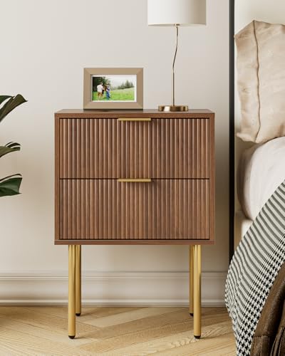 HEYZOEY Nachttisch, Nachtschrank mit 2 Schubladen, Modern Nachtkästchen, Boho Nachtkommode für Schlafzimmer, Wohnzimmer,Nussbaum
