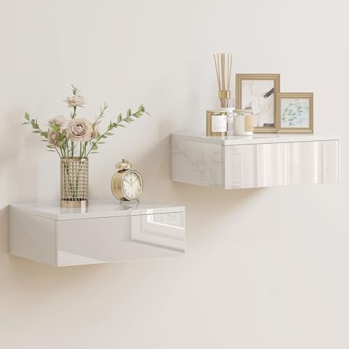 HOMCOM Nachttisch hängend 2er Set, schwebender Nachtschrank mit Schublade, Nachtkästchen Wandmontage modern Hochglanz-Nachtkommode für Schlafzimmer Wohnzimmer, 40 x 30 x 14 cm, Weiß