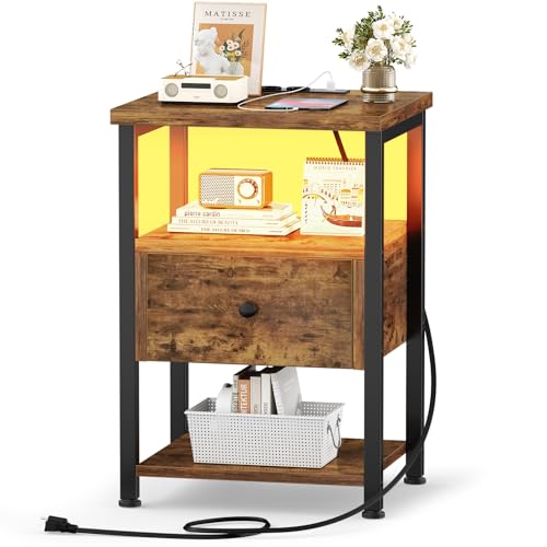 iSunirm Nachttisch Set 2er mit Schublade aus Holz, Beistelltisch mit Ladestation & LED Beleuchtung, Nachttisch für Schlafzimmer & Wohnzimmer, Rustikales Braun