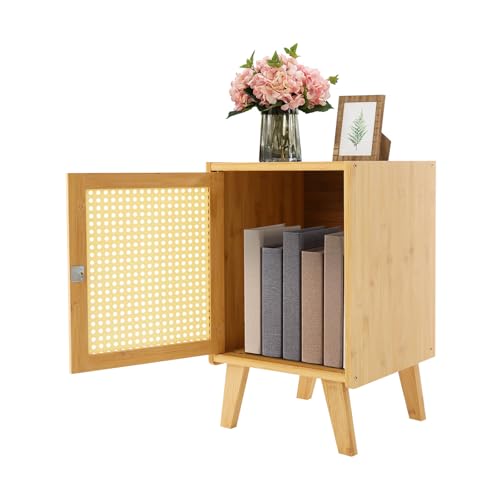 Susoso Nachttisch, Rattan Beistelltisch Nachtkommode mit Praktischer Handgriff Höhe des Schranks 34cm für Schlafsäle 31x30x51cm Holzfarbe