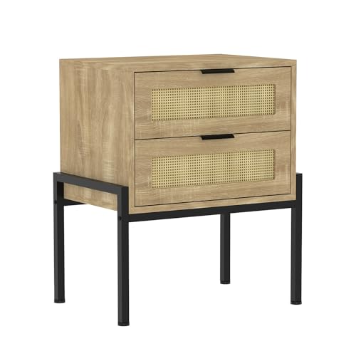 WAOHO 2 Schubladen Nachttisch Rattan,Beistelltisch Wohnzimmertisch ?Nachtkommode mit Metallrahmenfür Schlafzimmer, Sofatisch,Nebentisch Kaffeetisch mit Ablagefach 61x48x35cm