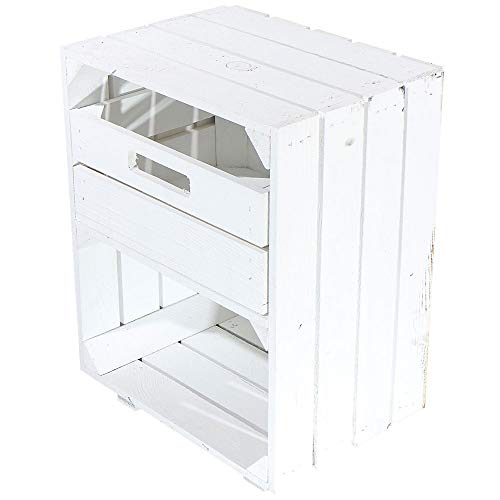 Truhenking Weißer Nachttisch mit Schublade und Füßen 30,5x40x54cm Obstkisten Schrank Holzbox Shabby chic Weiss Nachttisch Nachtschrank DIY modern Möbel Garten Weinkisten